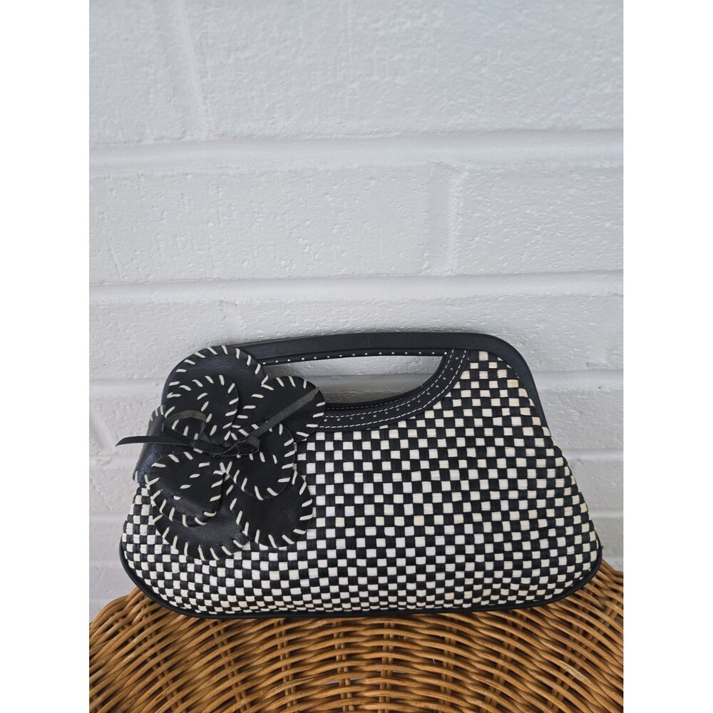 Vintage Y2K Isabella Fiore Black and White Checkered Woven Clutch Leather Flower